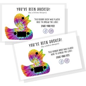 Crafters Cup You've Been Ducked Card | 50 Pack | Duck Duck Tag 3.5 x 2 in Business Card Size | Rainbow Tie Dye Duck Design to Attach to Rubber Ducks