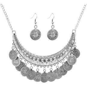Gold Boho Coins Necklace Earrings Set Chunky Coin Tassel Ethnic Gypsy Statement Jewelry Set