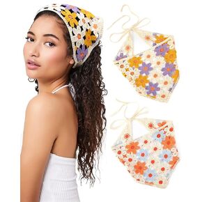 2 PCS Crochet Bandanas Floral Bandana Headband Tie Knitted Headscarf Hair Bandanas for Women Girls Head Kerchief (Clover (orange + purple))