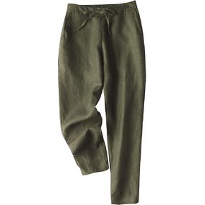 بنطال Gihuo نسائي من الكتان مدبب كاجوال مستقيم الساق برباط خصر مرن فضفاض ومريح للركض مع جيوب (Army-L) in Kuwait