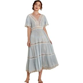 Vintage Lace Victorian Nightgowns for Women Short Sleeve Sleepwear Princess Lounge Dress