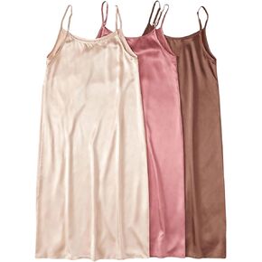OYOANGLE Women's 3 Pack Satin Chemise Slip Dress Spaghetti Strap Silk Nightgown Sleepwear