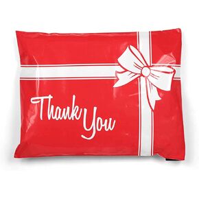 10 x 13 Thank You Christmas Gift with Bow Red and White Holiday Poly Bag Mailer Envelopes 2 Mil (100 Pack, Red Gift)