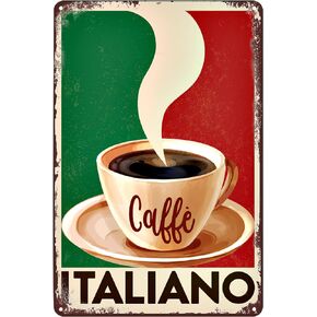 Vintage Metal Signs Italian Coffee Tin Sign Italiano Caffe Italy Flag Background Poster Wall Art Decor Plaque for Home Kitchen Bar Pub Cafe Club Office Shop Restaurant Garage Gift 8x12 inch