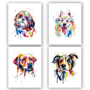 Lovely Dog Canvas Wall Art,Pet Canvas Painting Puppy Artwork,Colorful Border Collie Art Print-Watercolor Original Artwork Print For Bedroom, Bathroom Wall Art Decor Set of 4 (8"X10" ， No Frame