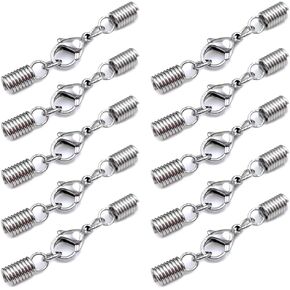 10 Pieces 3mm Hole Spring Cord End Cap with Lobster Claw Clasps Stainless Steel Tail Buckle Jewelry Making Leads Endcaps Tube Cord Ends for Jewelry Making DIY Craft, Silver-Tone