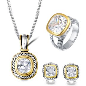 JEWEL Twisted Cable Wire Enhancer Pendant Necklace French Clip Earring Square CZ Two Tone Ring Women Jewelry Sets Makes a Stylish Christmas Gifts Size 9
