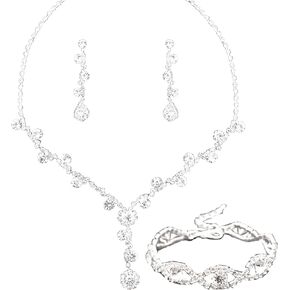Jewelry Set for Women, Rhinestone Tiara Crown Necklace Dangle Earrings Bangle Bracelet Ring, White/KC Gold Plated Jewelry Set with Rhinestone Wedding Party Jewelry for Bridal Bridesmaid