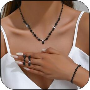 Silver Prom Earrings Necklace Bracelet Set Rhinestone Crystal Statement Choker Necklace Earrings Bracelet Bridal Wedding Prom Costume Jewelry Sets for Women Girls