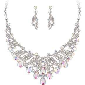 BriLove Gorgeous Stunning Crystal Teardrop Layer Leaf Cluster Statement Necklace Dangle Earrings Jewelry Set for Women Bridal Bridesmaid
