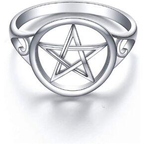 S925 Sterling Silver Pentagram Amulet Pentacle Star Moon Witch Ring for Women Men