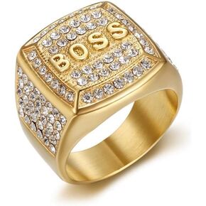 Fanshu Stainless Steel Titanium Luxury AAA Zircon with 18K Gold Plated Iced Out Hip Hop Boss Ring for Men Women Boyrfriends Birthday Party Gift Fashion Jewelry