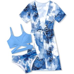 Girls Swimsuit 3 Piece Tropical Print Bikini Set Criss Cross Bathing Suit with Drawstring Quick Dry Cover Up 7-16Y