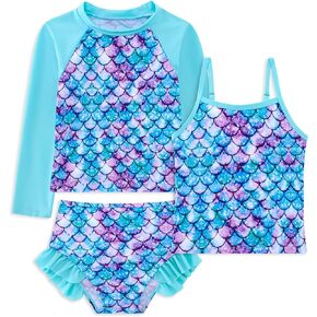 swimsobo Girls 3-Piece Swimsuit Long Sleeve Rash Guard Tankini Sets UPF Sun Proction Bathing Suit 3-10T