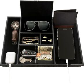 Valet Tray for Men – 6-Compartment Luxury Edc Tray for Men with 3 Charging Cord Notches – Black Faux Leather Mens valet tray organizer with Velvet Lining