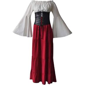 Women's Renaissance Dress Off Shoulder Flared Sleeve Peasant Skirt Petticoat Black Waist Belly Bustier Layered Skirt