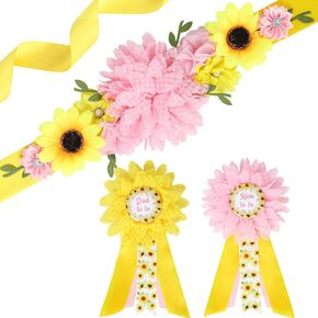 JOYMEMO Pink Yellow Sunflower Baby Shower Maternity Sash Kit - Sunflower Theme Baby Shower Belly Belt and Mom & Dad to Be Corsage Pins, New Parents Pregnancy Photo Props Party Supplies