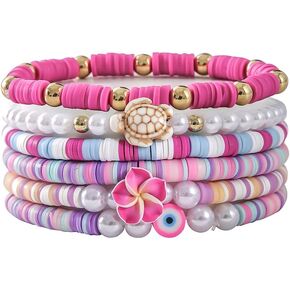 Pingyongchang Bohemian Turtles Heishi Beaded Stretch Bracelets For Women Polymer Clay Colorful Flower Vinyl Disc Surfer Layering Stackable Beads Preppy Bracelet Friendship Summer Beach Jewelry Set