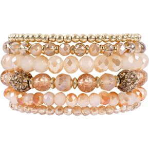 Bohemian Beige Beaded Bracelets for Women 6Pcs Stackable Glass Beads Stretch Bracelets Boho Multilayered Sparkly Disco Ball Faceted Crystal Beads Bracelet Set Handmade Trendy Jewelry Gift for Girls