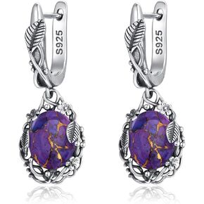 Teal/Blue/Purple Oval Turquoise Dangle Earrings for Women Leaf Vine Flower Latch Back 925 Sterling Silver Earring Vintage Oxidised Boho Turquoise Jewelry Valentines Day Gift for Girlfriend