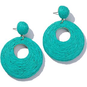 Boho Raffia Earrings Lightweight Statement Circle Earrings Cute Round Dangle Summer Earrings Handmade Rattan Jewelry for Women