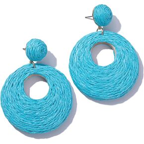 Boho Raffia Earrings Lightweight Statement Circle Earrings Cute Round Dangle Summer Earrings Handmade Rattan Jewelry for Women