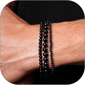 Black Men Bracelets, Natural Onyx Bracelet for Mens, Elastic Stretch Beaded Bracelets for Mens, Natural Stone Healing Beads Bracelet, Jewelry Gift For Unisex Men Women 3Pcs