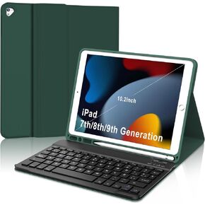 حافظة SENGBIRCH iPad الجيل التاسع مع لوحة مفاتيح (10.2 بوصة) - حافظة فوليو للوحة المفاتيح الذكية مع حامل أقلام، إسباني (أخضر داكن)