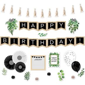 Schoolgirl Style Simply Boho 89-Piece Happy Birthday Bulletin Board Set for Classroom, 12-Month Signs with Poms, Tassels Fans, and Balloon Cutouts, Birthday Bulletin Board Decorations
