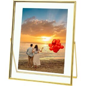 Gold Floating Frame (Vertical),8x10 Picture Frame for Tabletop Display,Hold 8x10in 6x8in 5x7in Photo, Real Glass & Metal Stand, Gold Picture Frame Gifts for Father's Day, Wedding,Home Décor