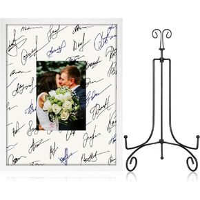 Tatuo 11 x 14 Inch Signature Picture Frame Wedding Signature Board Picture Frame with 5 x 7 Inch White Mat and Black Iron Display Stand Autograph Photo Mat with Frame for Wedding Birthday (White)