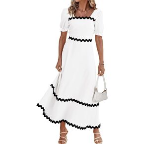 Zenlonr Womens Dresses 2024 Short Puff Sleeve Casual Summer Dress Smocked Tie Back Beach Flowy A-Line Maxi Dress