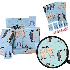 LimaLima 4 × أوراق تغليف مع علامات وخيط. تصميم مضحك على شكل بطريق الحب باللون الأزرق والأحمر مثالي لعيد الحب والذكرى السنوية ومناسب للرجال والنساء والزوج والزوجة والأم in Kuwait