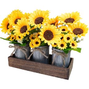 Winlyn Set of 3 Artificial Sunflowers Metal Pot Centerpiece Farmhouse Sunflowers Floral Arrangements with Rectangle Wooden Planter 11" for Rustic Wedding Spring Summer Home Kitchen Table Shelf Décor
