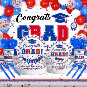 238 قطعة من لوازم حفلات التخرج باللونين الأحمر والأزرق والأبيض 2024، مجموعة أدوات مائدة التخرج - بالونات خلفية لافتة التخرج، لوحات تهنئة للتخرج والمناديل والملاعق والشوك مفرش المائدة لفئة 2024 ديكور in Kuwait