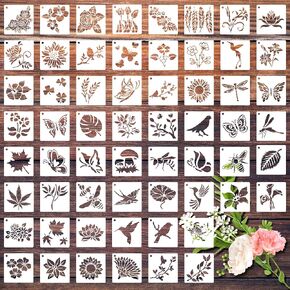 60Pcs Flower Stencils for Painting, Reusable Floral Stencils DIY Flower Painting Stencils, 3Inch for Painting on Wood Rocks Canvas Fabric Glass Pottery Plants Stencils (Flower Plants)