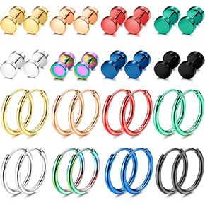 THUNARAZ 16 زوجًا من الأقراط المصنوعة من الفولاذ المقاوم للصدأ 18 جرام للرجال والنساء لا تسبب الحساسية، أقراط هوجي هوب الغضروف النائمة، أقراط قوس قزح منقطة، مجموعة أقراط قياس وهمية in Kuwait