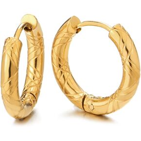 Stainless Steel Gold Color Grooved Circle Huggie Hinged Hoop Earrings for Men Women, 2pcs