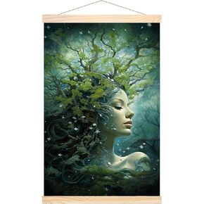Solid Magnetic Poster Hanger Frame Pine Wood (12.2'' Wide) and Oil Canvas (11.8''×17.7''), Magnet Wall Hanging Wooden Frame for Posters, Maps, Scroll, Picture, Prints (Riverside Scenery)