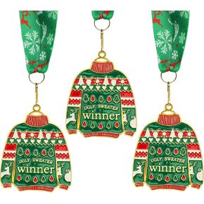 3 Pieces Christmas Ugly Sweater Medal Christmas Style Neck Ribbon, Award Contest Medals Christmas Tree Ornament for Ugly Sweater Contest Party, Best Ugly Christmas Sweater Trophy Award in Kuwait
