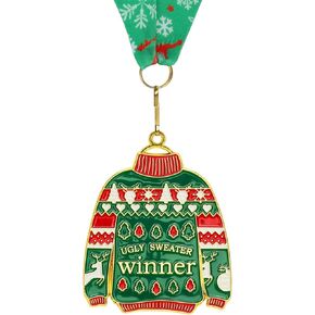 3 Pieces Christmas Ugly Sweater Medal Christmas Style Neck Ribbon, Award Contest Medals Christmas Tree Ornament for Ugly Sweater Contest Party, Best Ugly Christmas Sweater Trophy Award