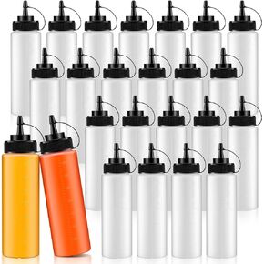 24 Pcs Clear Ketchup Squeeze Bottles 12oz Plastic Condiment Squeeze Bottle Bulk Reusable Squirt Bottle for Cooking with Sealed Lid Visible Digital Scale Sauce Container for Mustard Oil Mayo BBQ