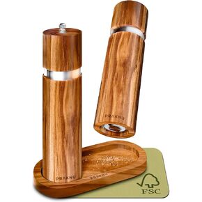 Salt and Pepper Grinder Set Wooden with Tray – Made from FSC Acacia Wood – Adjustable Durable Ceramic Rotor - Plastic-Free