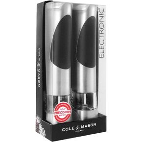 Cole & Mason Richmond Electronic Salt & Pepper Mill Gift Set - One-Button Electric Spice Grinder with Large Grinding Chamber - Requires 6 AAA Batteries - Hand Wash Kitchen Tool - Stainless Steel