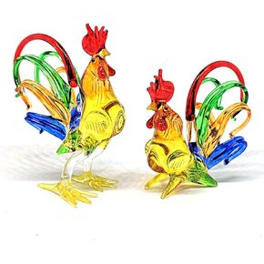 ZOOCRAFT Chicken Figurines Collectibles Hand Blown Glass Rooster Set of 2