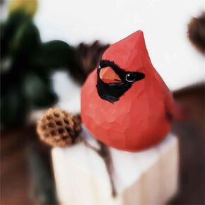 Small Carved Wooden Northern Cardinal Figurines, Handmade Two Loving Cardinals Sculpture Craft Set, 3.9"L Cute Red Bird Statues Home Decor Art Carving Work, Couple Cardinal Statues(Red & Brown)