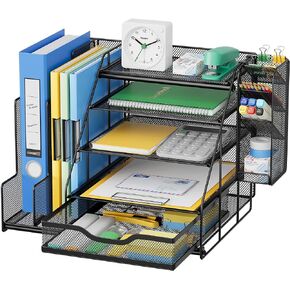 Black 5-Tier Desk Organizer with Pen Holder, Mesh File Folder Holders, Sliding Drawers for Office, School, Home