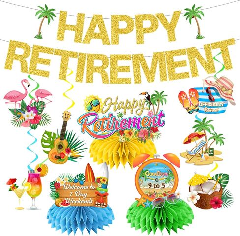 Beach Retirement Party Decorations, Aloha Retirement Party Decorations includes Happy Retirement Banner Tropical Hawaiian Retirement Party Decorations Hanging Swirls and Honeycomb Centerpieces in Saudi Arabia