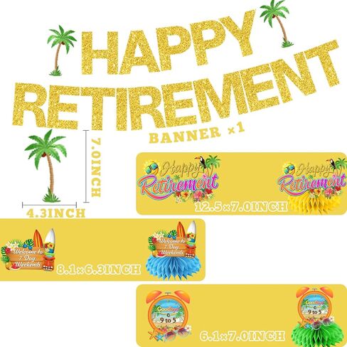 Beach Retirement Party Decorations, Aloha Retirement Party Decorations includes Happy Retirement Banner Tropical Hawaiian Retirement Party Decorations Hanging Swirls and Honeycomb Centerpieces in Saudi Arabia