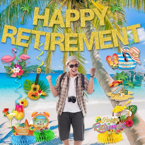 Beach Retirement Party Decorations, Aloha Retirement Party Decorations includes Happy Retirement Banner Tropical Hawaiian Retirement Party Decorations Hanging Swirls and Honeycomb Centerpieces in Saudi Arabia